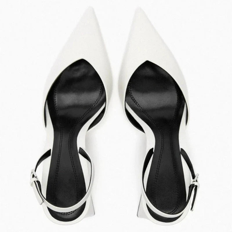 Sexy White Pointed Toe Chunky Heel Pumps Women Luxury Back Strap Buckle Designer Shoe Elegant Commuting Office Shoe Talons Femme