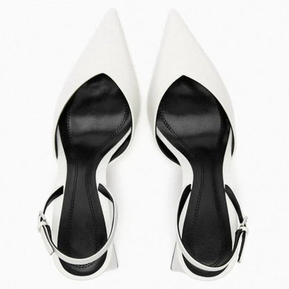 Sexy White Pointed Toe Chunky Heel Pumps Women Luxury Back Strap Buckle Designer Shoe Elegant Commuting Office Shoe Talons Femme