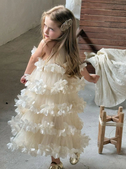2025 Spring Summer New Children Clothing Girls Neck Hanging Flower Layered Long Dress Korean Children Birthday Princess Dress