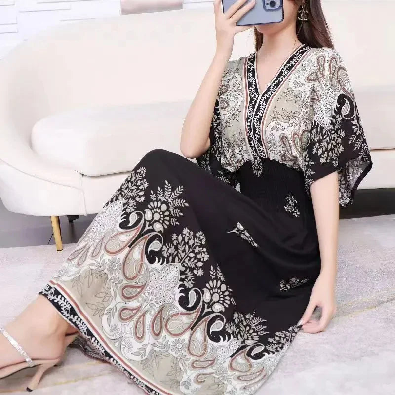 Flower V-neck Elastic Youthful Bohemian Sweet Midi Dress Woman Clothes Chic Fashion Summer Dresses 2025 Large Swing Ski