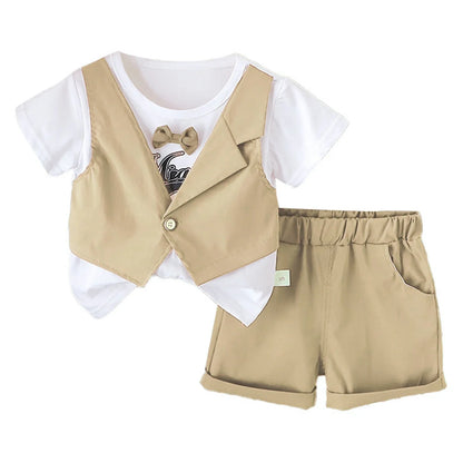 2Pcs Baby Boys Party Gentleman Outfit Short Sleeve Bowknot 2 in 1 T-shirt with Fake Waistcoat And Shorts Set Kids Summer Clothes