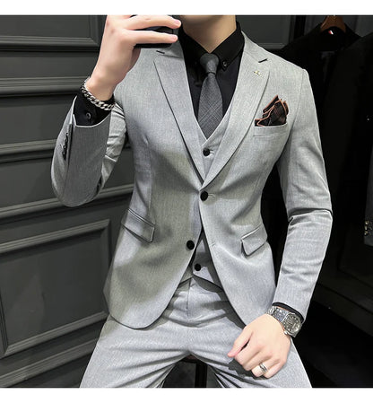 ( Blazer + Vest + Pants ) Boutique Fashion Solid Color Men's Slim Casual Business Suit Three-piece Set Groom Wedding Dress Party