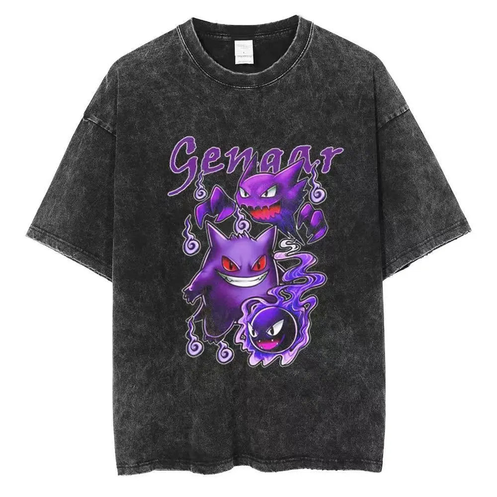 2026 Anime Washed Vintage Summer Gengar Short Sleeve Tee Graphic T-Shirt Man Women Cosplay Casual Tops Y2k Streetwear