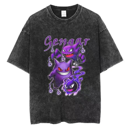2026 Anime Washed Vintage Summer Gengar Short Sleeve Tee Graphic T-Shirt Man Women Cosplay Casual Tops Y2k Streetwear