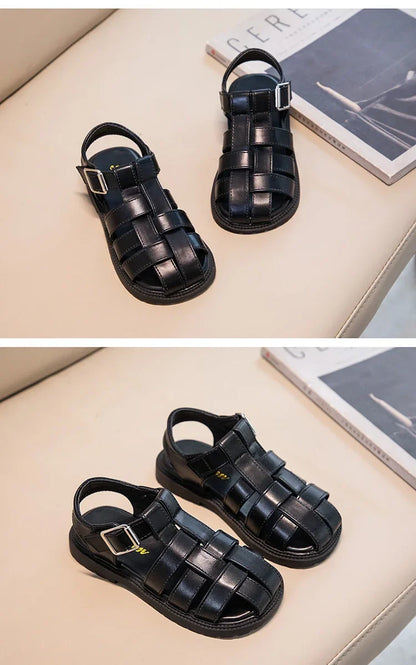 Children Hollow Out Shoes Boys Girls Roman Shoes British Style Non-slip Fashion Kids Toes Capped Shoes Peep Toe Solid Color