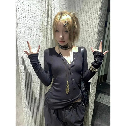 Y2k Japanese T Shirt Women Lace Long Sleeve Print Graphic Tops Streetwear American Retro 90s Crop Tops Autumn Tshirts