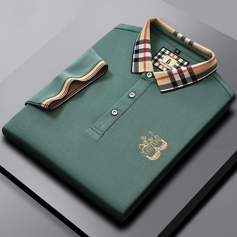 Luxury brand short sleeve men's polo shirt summer high-end fashion plaid embroidery lapel casual T-shirt breathable cotton top