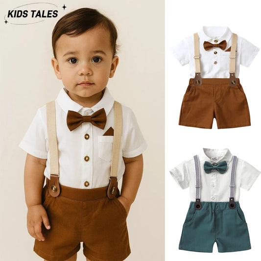 2026 Baby Boy Formal Birthday Outfit Suit Toddler Gentleman Clothes Infant Short Sleeve Bowtie Shirt+Suspender Pants Casual Sets
