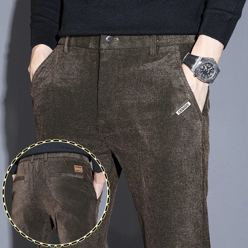 Men's Solid Straight Casual Pants Autumn Woolen Slim Fit Office Pants Vintage Elastic Waist Youth Trousers Everyday Wear