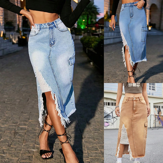 Women'S High-Waisted Denim Slim-Fit Skirt With Side Slits