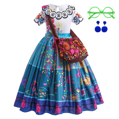 Fantasia Infantil de Princesa para Meninas Encanto Halloween Roupa Rodada Estampada Mirabel Desenho Animado Vestido Cosplay para Crianças 3-12 Anos
