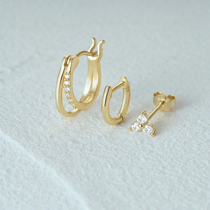 Aide 3pcs Set 925 Sterling Silver Double Gold Hoop Mini Zircon Stud Earrings For Women Hypoallergic Elegant INS Piercing Jewelry