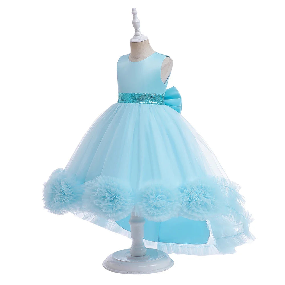 Elegant Trailing Flower Party Girls Dress Summer Wedding Bridesmaid Princess Prom Dress Girl Tull Bow Birthday Evening Ball Gown