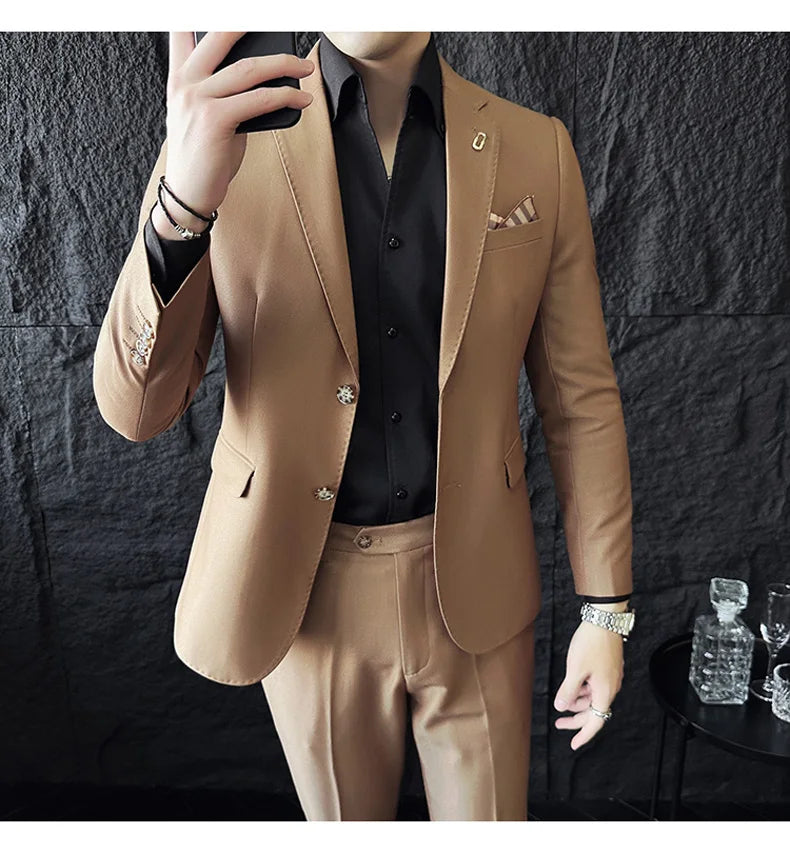 Men's Korean Style Slim Fit Suit Set, High Quality Fabric Solid Color Edge Pressing for Wedding Business