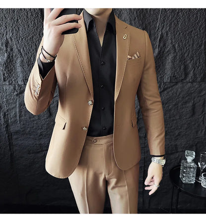 Men's Korean Style Slim Fit Suit Set, High Quality Fabric Solid Color Edge Pressing for Wedding Business