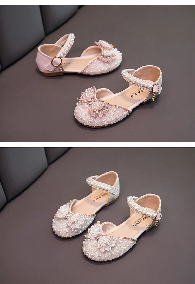 2026 Spring New Girl Sandals Cute Bow Pearl Sequins Kid Princess Shoes Flat Heels children Dancing 21-34