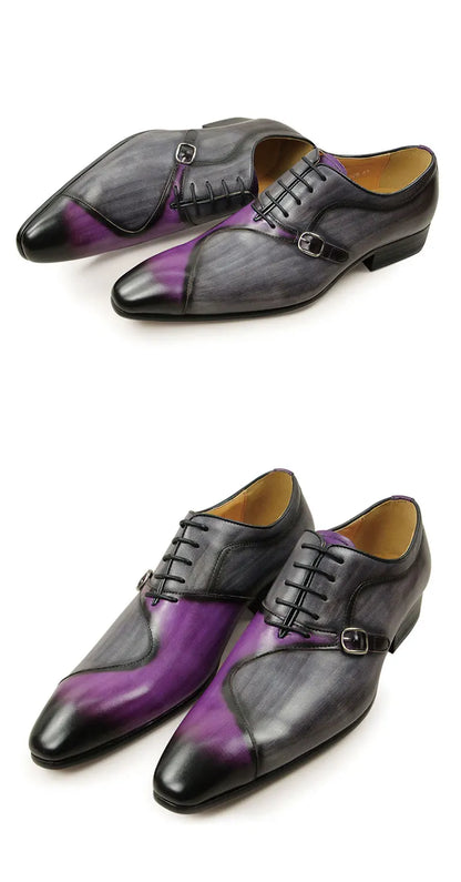 Men Leather Shoes High Quality Oxford Lace Up Side Metal Buckle Gray Purple Color Matching Handmade Business Office Formal Shoes