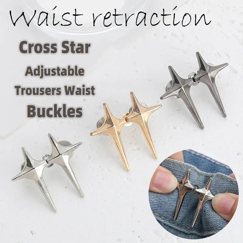1Pair Cross Star Waist Buckle Adjustable Detachable Pants Clips Waist Tightener Nail-free Metal Button Snaps for Jeans Decor