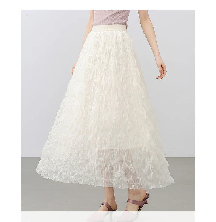 Sweet Style Mesh Skirt Women 2026 A-line Holiday Vacation High Waist Ruffles Long Skirt Woman Clothing W52Q80351