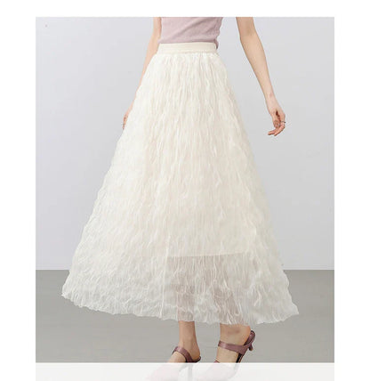 Sweet Style Mesh Skirt Women 2026 A-line Holiday Vacation High Waist Ruffles Long Skirt Woman Clothing W52Q80351