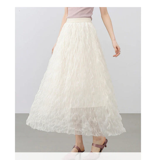 Sweet Style Mesh Skirt Women 2026 A-line Holiday Vacation High Waist Ruffles Long Skirt Woman Clothing W52Q80351