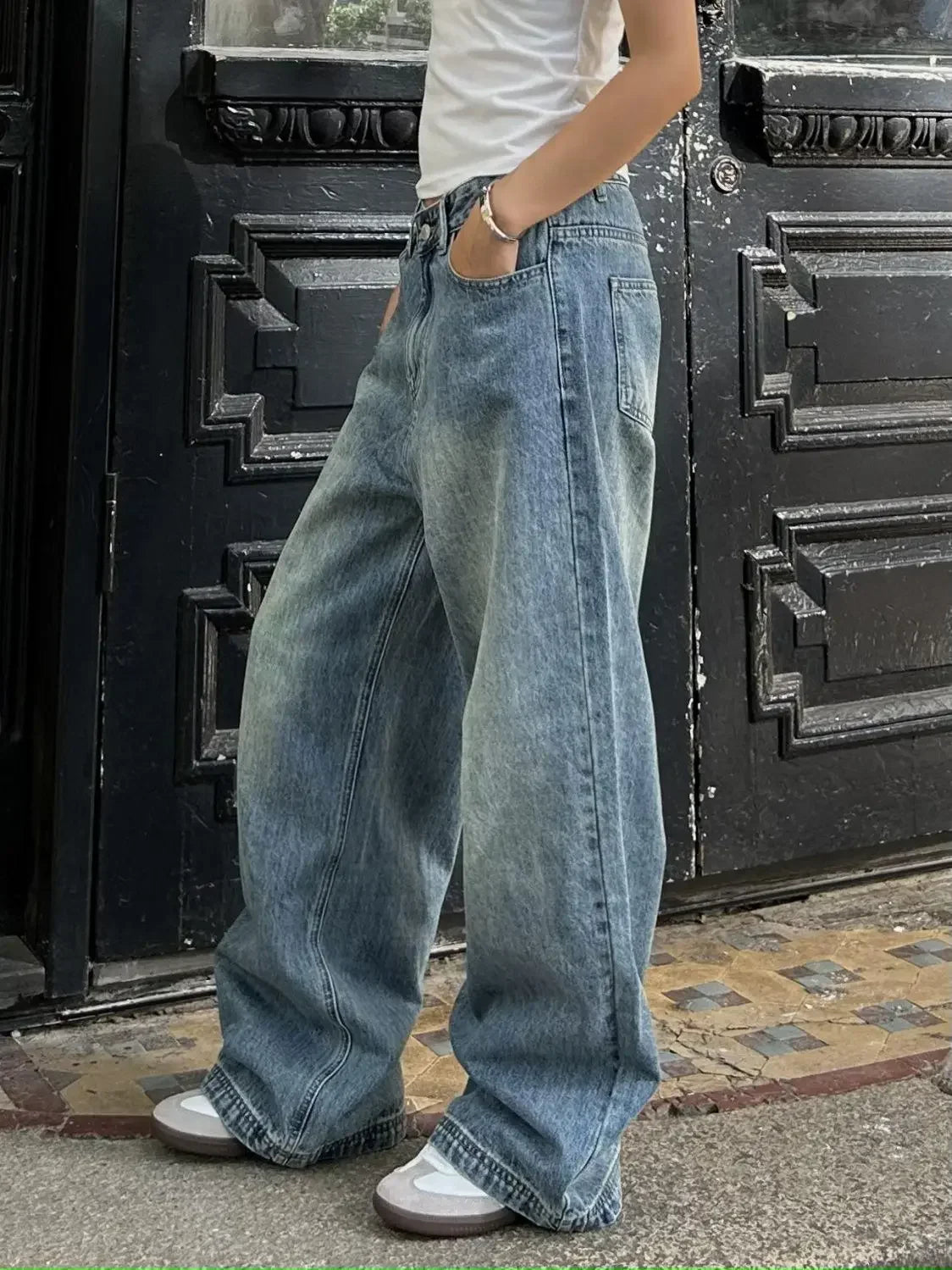Vintage Aesthetic Emo Loose Washed Pants 2024 Summer Women's Casual Blue Harajuku Jeans Y2K Wide Leg Punk Baggy Denim Trouser