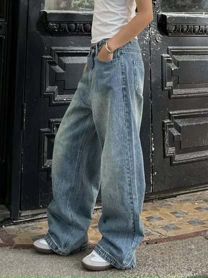 Vintage Aesthetic Emo Loose Washed Pants 2024 Summer Women's Casual Blue Harajuku Jeans Y2K Wide Leg Punk Baggy Denim Trouser