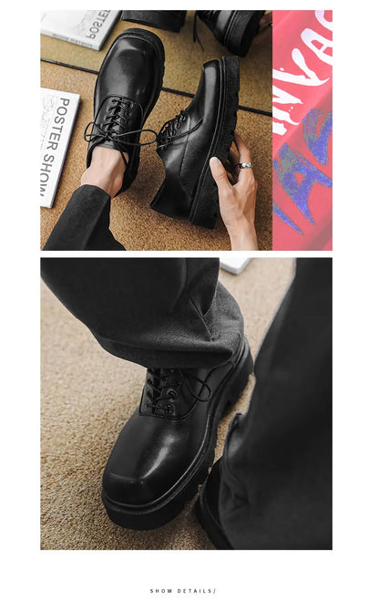 Men's Formal Shoes with Flat Heel Low Top Lace-up Solid Color Thick Sole Unique and Fashionable New Style Leather Shoes