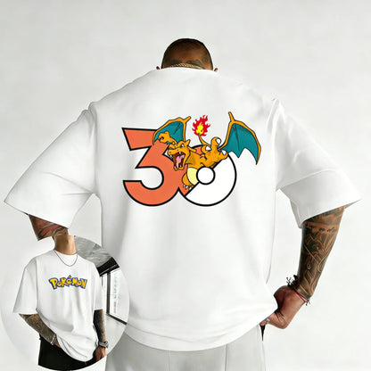 30th Anniversary Charizard Printed T-shirt Summer Men's and Women's Loose Casual Hip Hop Trendy Short Sleeve Top