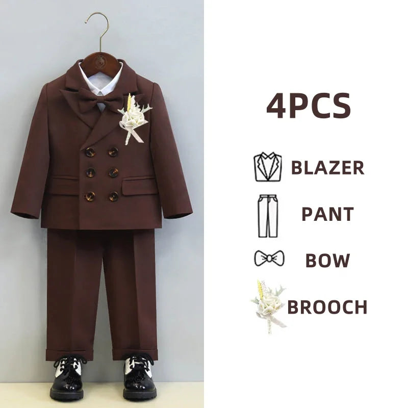 Children's Boys Autumn Formal Green Suit Boys Wedding Suit Children 1 To 14yrs Kids Blazer Pant Bowtie Flower Boys Suits Outfits