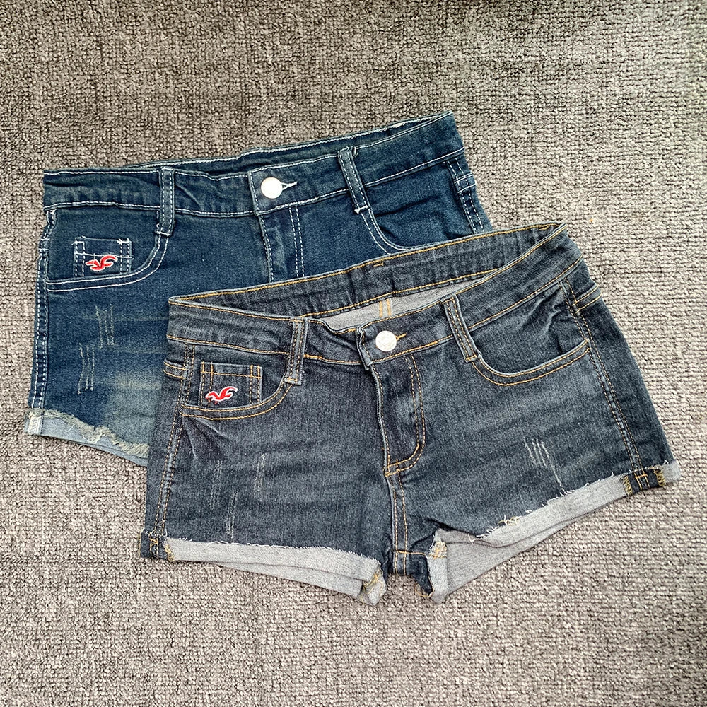 Summer Korean Sexy Low Waist Women Denim Shorts American Lady Y2K Elastic Slim Fit Hot Pants Female Embroidery Wrapping Jeans