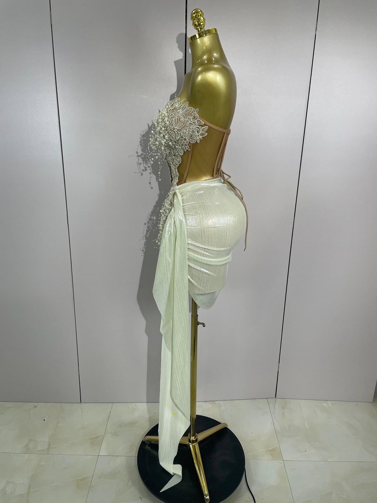 Luxury Shining Pearls Sexy Asymmetrical Skirt 2 PCS Set 2025 Women Evening Birthday Party Stage Dancer Performance Costume