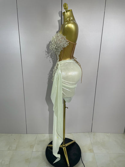 Luxury Shining Pearls Sexy Asymmetrical Skirt 2 PCS Set 2025 Women Evening Birthday Party Stage Dancer Performance Costume