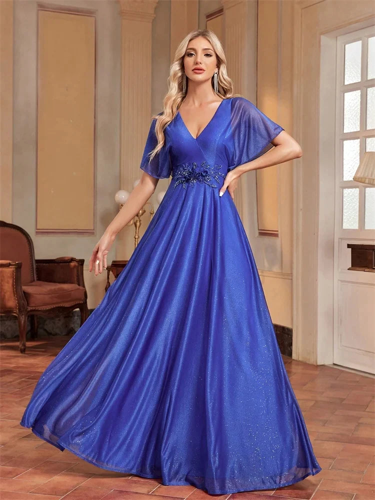 Elegant Royal V-neck Formal Evening Dress 2025 Women Short Sleeves Applique Wedding Party Dresses Long Gowns
