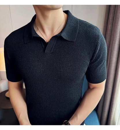 Hollow Knitted Short-Sleeved T-shirt, V-neck Brown Polo Shirt, High-End Quality, Cool, Luxury Genuine Goods，Slim Top
