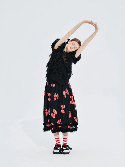 Original design bow pleated lace stitching elastic waist skirt for women 244659