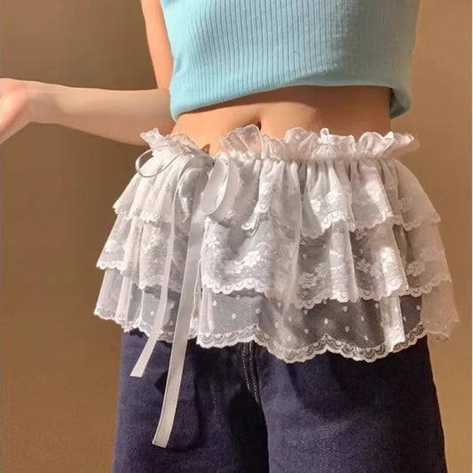 Korean Sweet Embroidered Ruffled Lace Trim Fart Curtain A Line Skirt Women High Waist Layering Cake Skirts Y2K Girls Streetwear