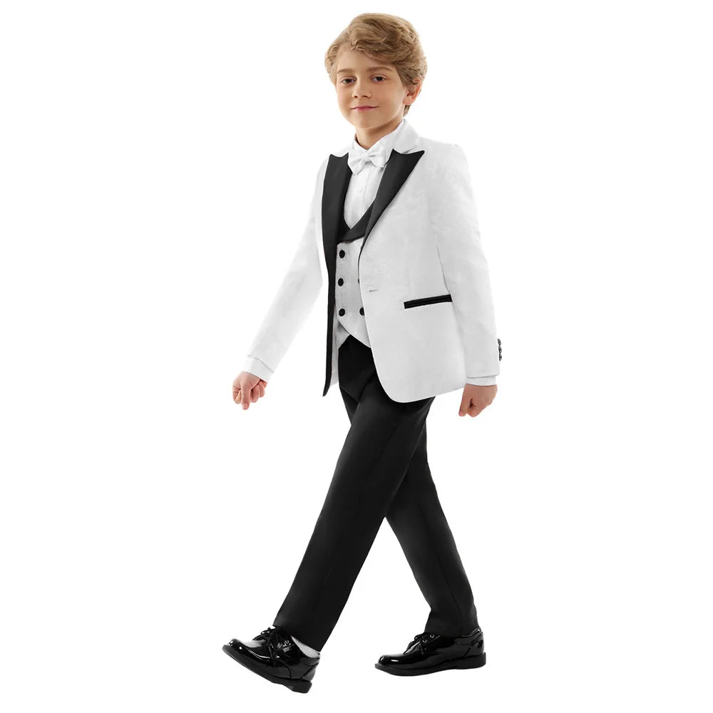 Elegant Textured White and Black Children Formal Suit Flower Boy Tuxedo for Wedding and Birthday Blazer Vest Pants Bow Tie