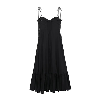 Summer New Woman Dress Spaghetti Strap Sleeveless Backless Lace-Up Zipper Pleats Sweet Beach Style Female Long Dresses