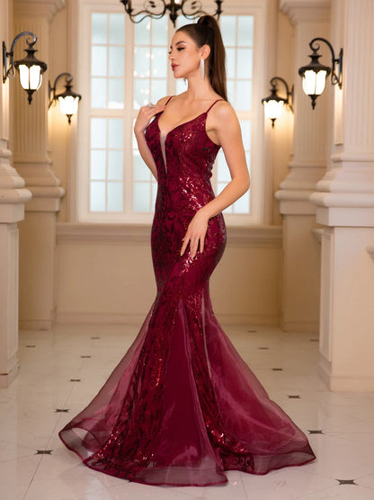 Romagic Deep V Neck Sleeveless White Wedding Party Dress Luxury Spaghetti Strap Sequined Evening Gown Women Maxi Dresses 2025