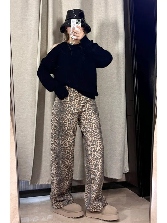 High Waist Straight Jeans Hip-hop Leopard Print Pants