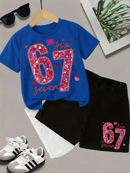 2026 New Cool 67 Funny Printed Kids T-Shirt Shorts Sports Set Fashion Children's Clothes Casual Boy Girl Short Sleeve Shorts Set