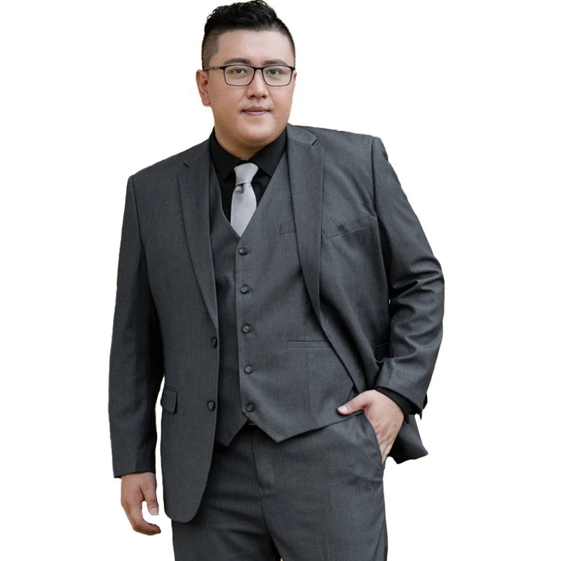 Plus Size Man Suit Set Solid Color Single Breasted Jacket Vest Pants For Host Groom Groomsmen Grey Black Navy 3-Piece Suit Set