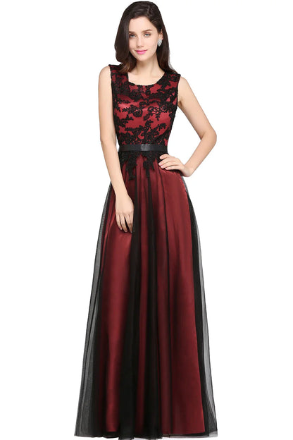 Elegant Black Lace Red Evening Dresses Long Appliques Chiffon With Sashes Pink Green Burgundy Formal Prom Gown Vestido de Fiesta