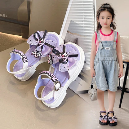 Kids'Sandals Kuromi PU Leather Bow Flat Spring Shoes For Girls Anti-slip Soft Thick Bottom White Black Shoes Size 25-36