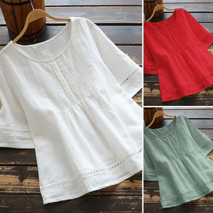 New Women's Elegant Cotton and Hemp Shirt Solid Color Casual Round Neck Hollow Half Sleeve Splicing Fashion Women's Top
