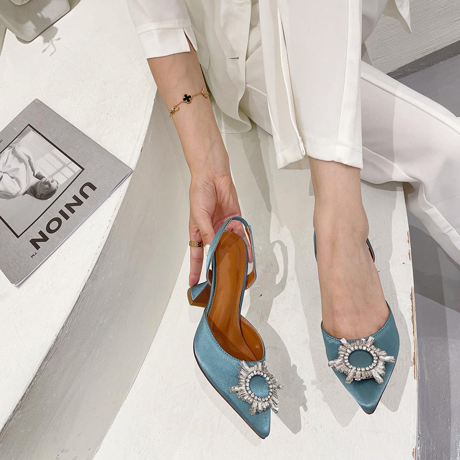 Aneikeh Marca Feminina Salto Alto de Seda Luxuoso Salto Alto com Laço de Borboleta de Cristal Sapatos Pontudos de Verão Salto Triângulo Sapatos de Noiva