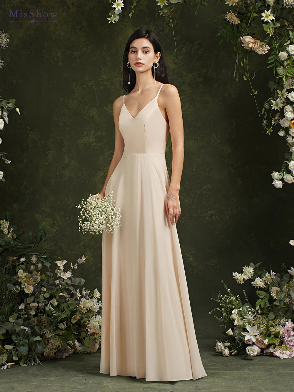 MisShow Chiffon Laço Vestidos De Noite Decote V Alças Finas Elegante Sem Mangas Vestidos De Baile De Festa Formais Robe De Soiree Longue