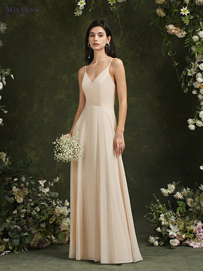 MisShow Chiffon Laço Vestidos De Noite Decote V Alças Finas Elegante Sem Mangas Vestidos De Baile De Festa Formais Robe De Soiree Longue