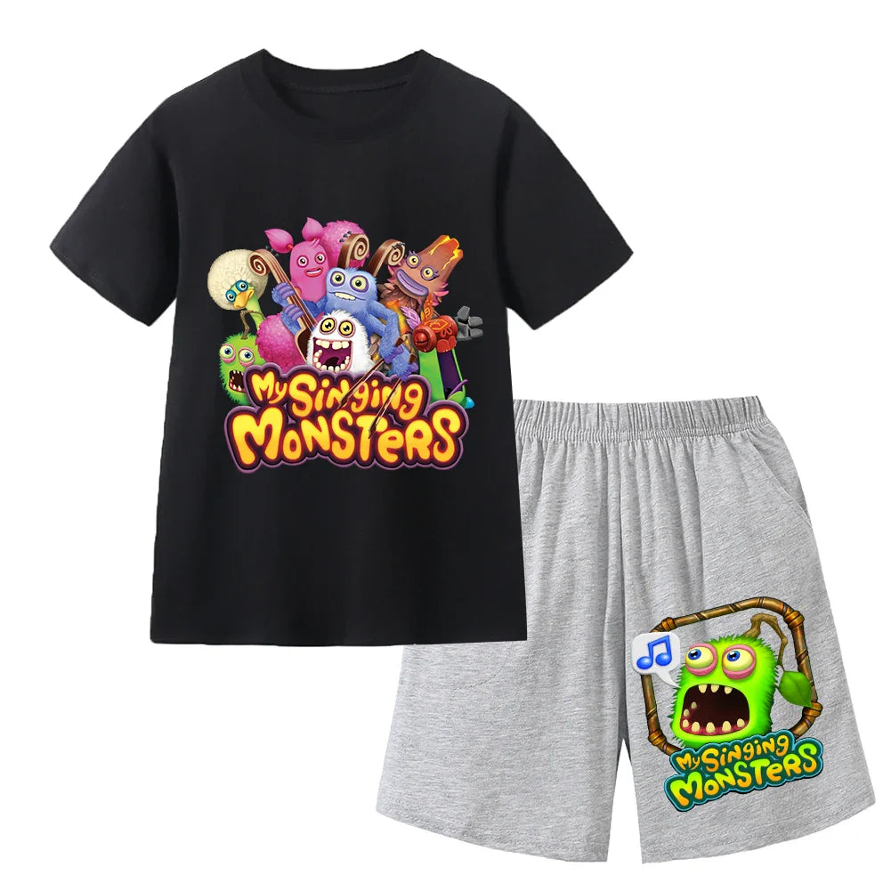 Summer Kids Cartoon Print Sport Clothing Suit Monsters Boys Casual Outfits Children Breathable T Shirt Pocket Shorts 2 Piece Set